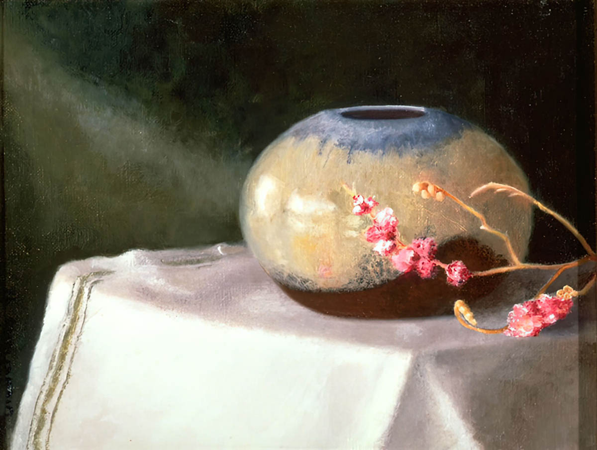 Clay Pot and Dried Flowers - Still Life Painting by Sharon Stadther Fine Art