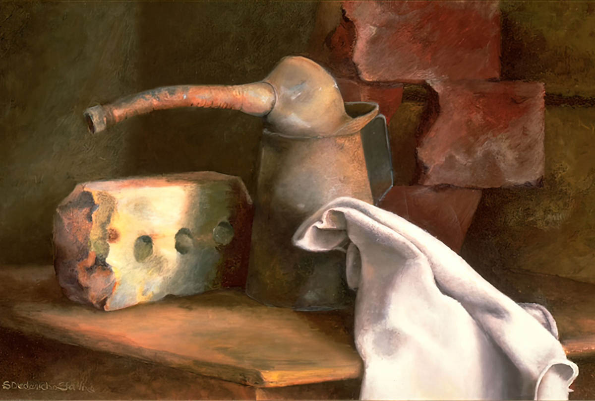 Oil Can & Brick - Still Life Painting by Sharon Stadther Fine Art